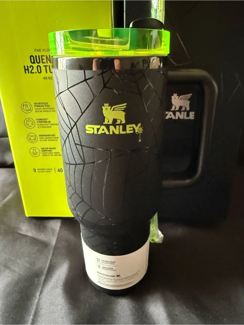 New Stanley 40oz Special Spider Web Black Tumbler with Neon Green Lid and Straw - Picture 2 of 12